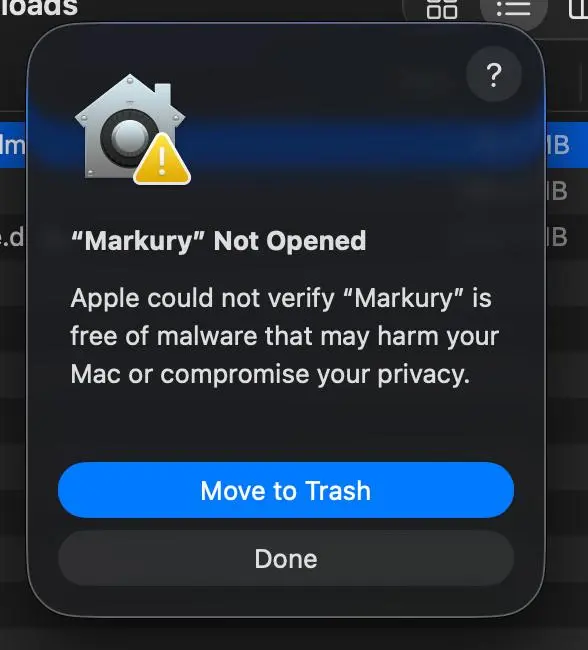 macOS Gatekeeper warning - Markury Not Opened