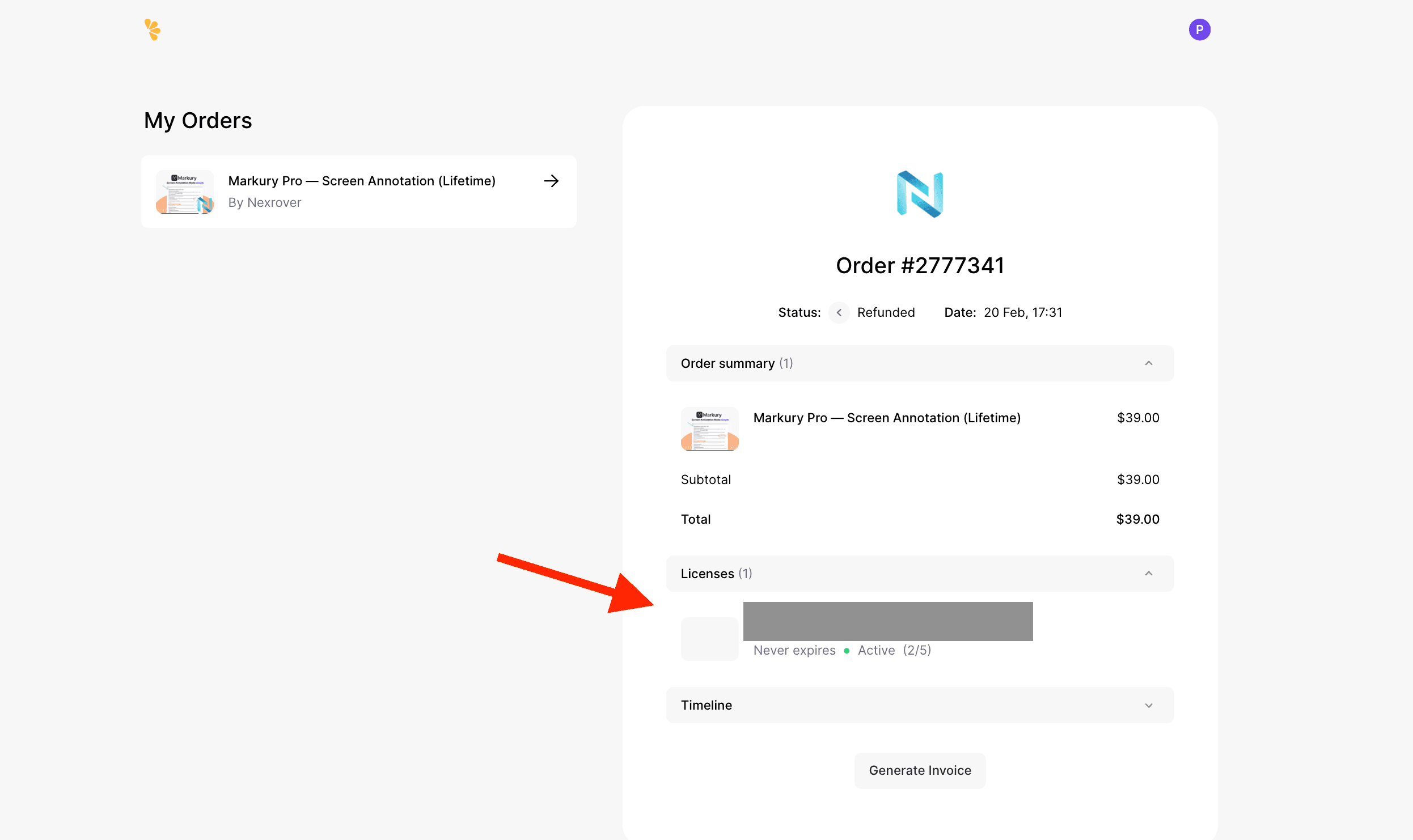 Lemon Squeezy My Orders: order detail with the Licenses section and license key highlighted in the order summary